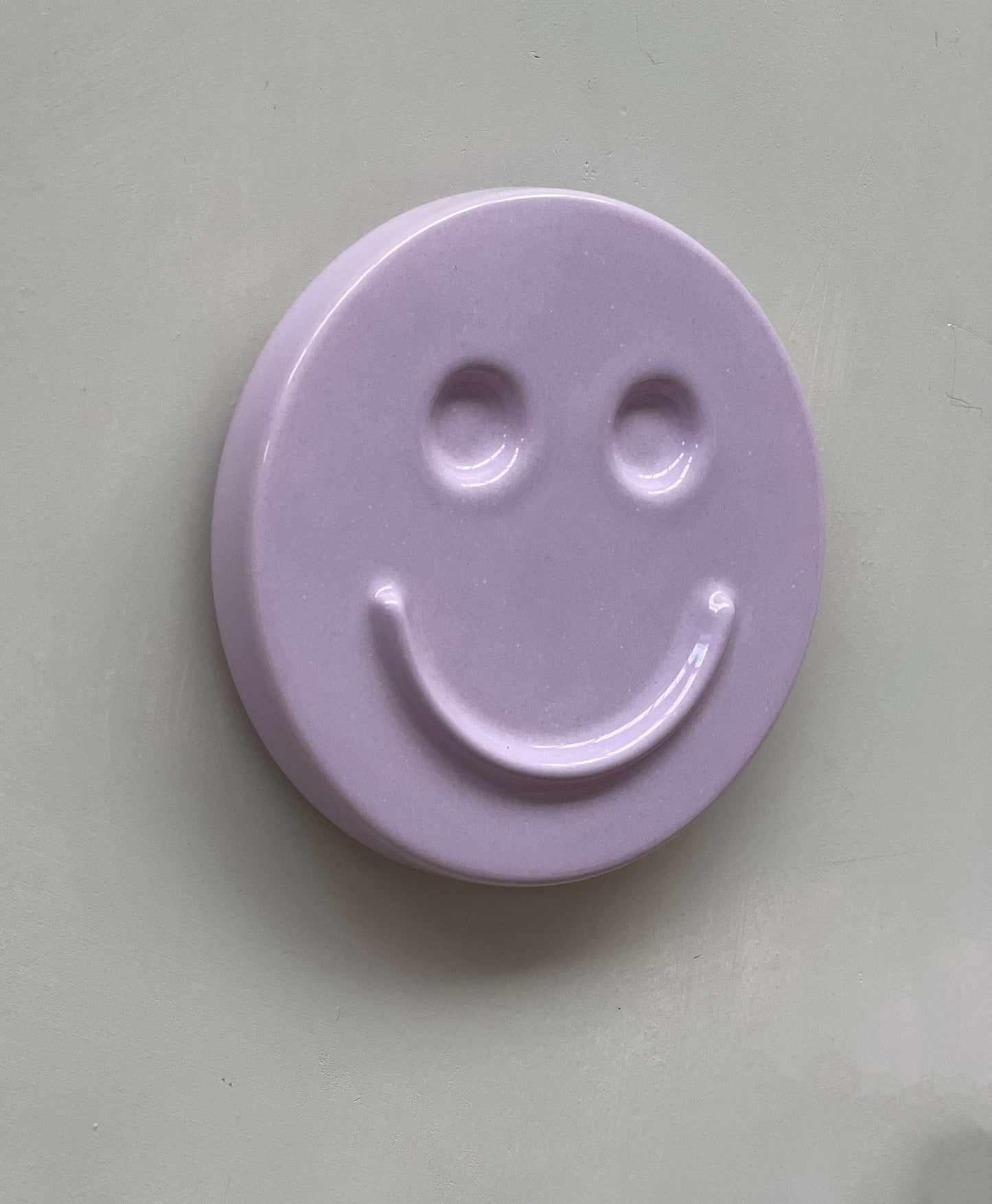 Orchid 'HAPPY' ceramic artwork, handmade smiley face decor.