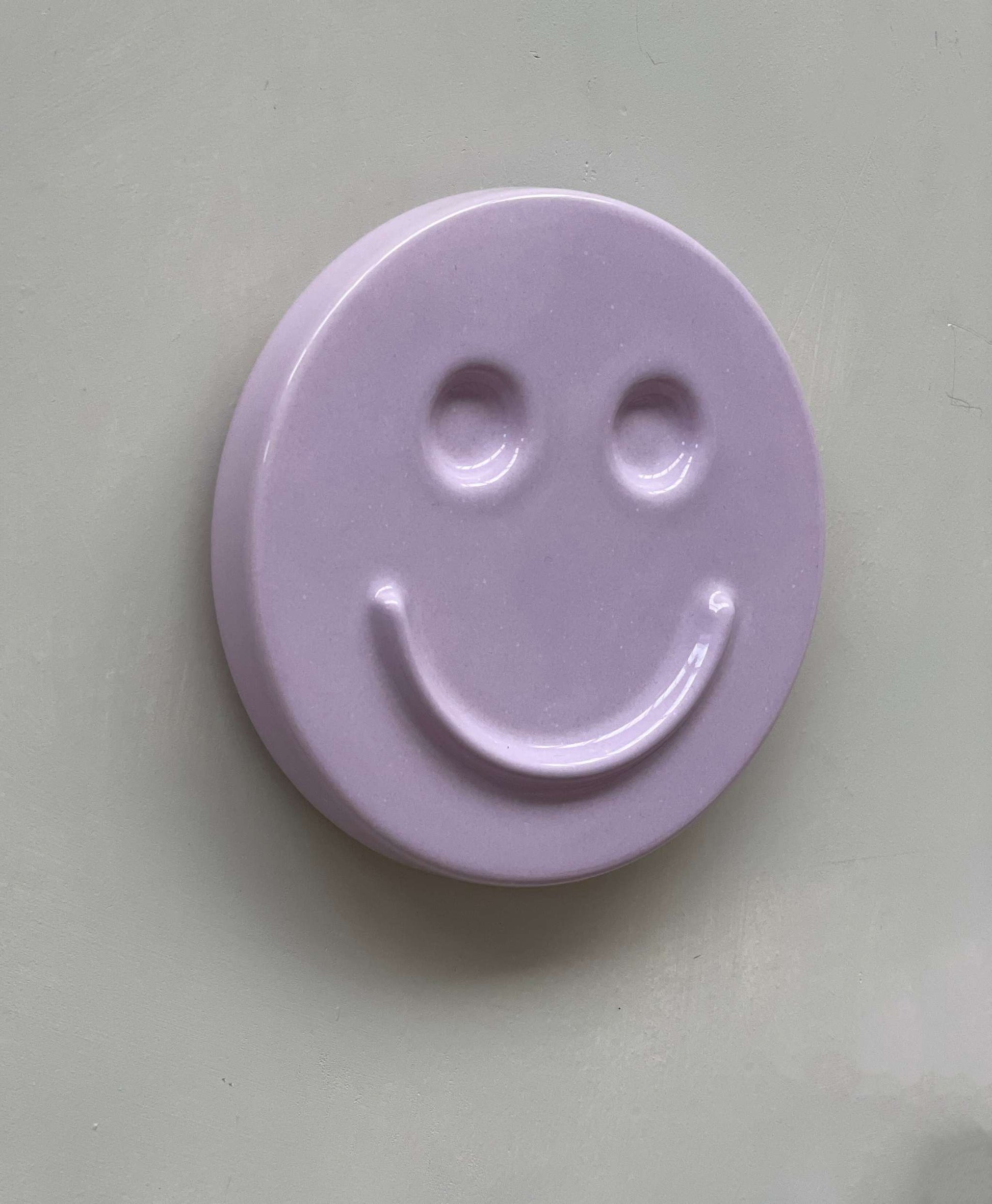Orchid 'HAPPY' ceramic artwork, handmade smiley face decor.