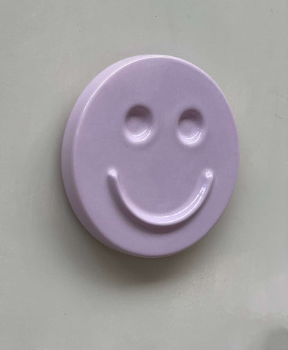 Orchid 'HAPPY' ceramic artwork, handmade smiley face decor.