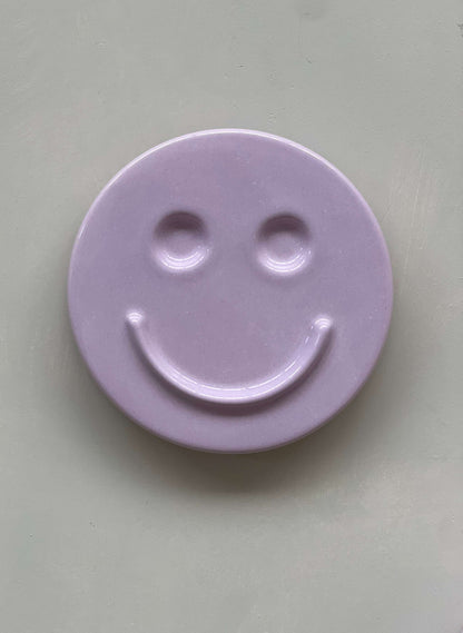 Orchid 'HAPPY' ceramic artwork, handcrafted smiley face design by Edith Beurskens.