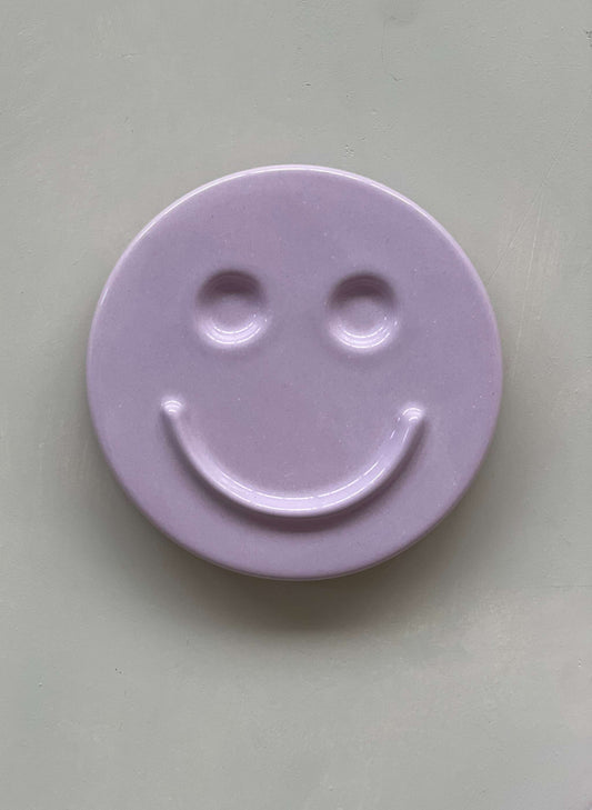 Orchid 'HAPPY' ceramic artwork, handcrafted smiley face design by Edith Beurskens.