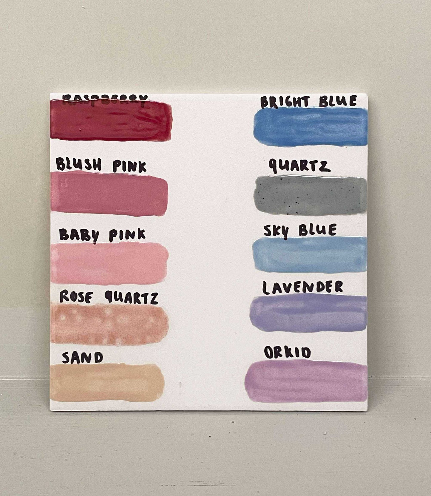 Color palette with various glaze options for beginner handbuilding and glazing workshop.