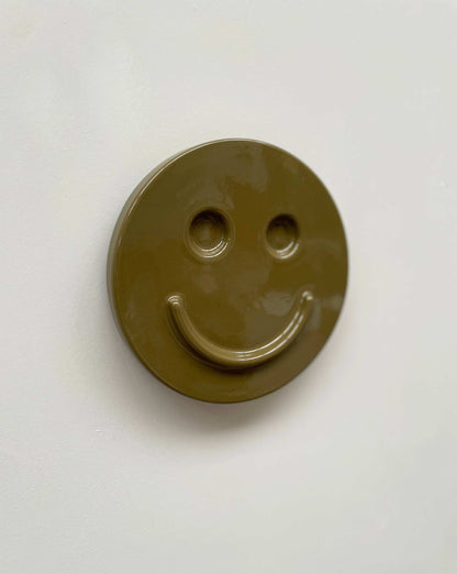 Olive 'HAPPY' ceramic artwork, handcrafted smiley face, ceramic clay with glaze finish.