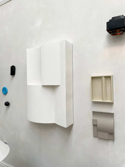 ELEMENT BRUTALIST artwork made of PLA with plaster finish, framed size 96 x 75 x 19 cm, weight 20 kg, shadow white color.