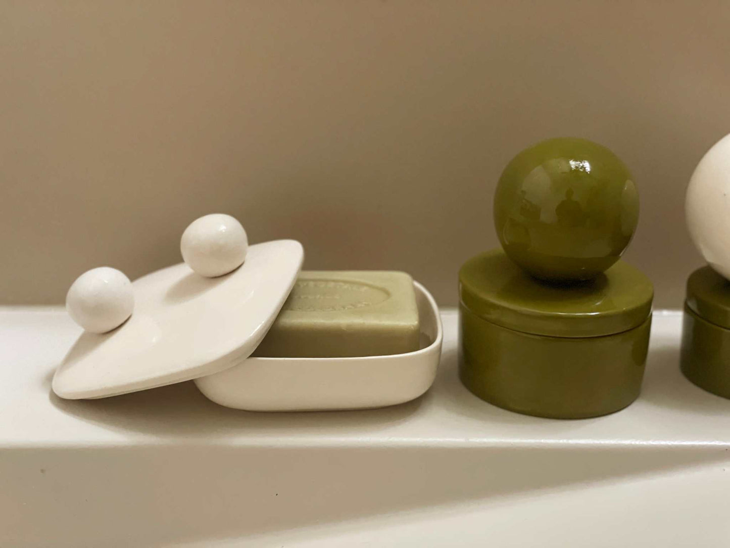 Ceramic box with ball MEDIUM Olive - Handmade Keepsake Holder