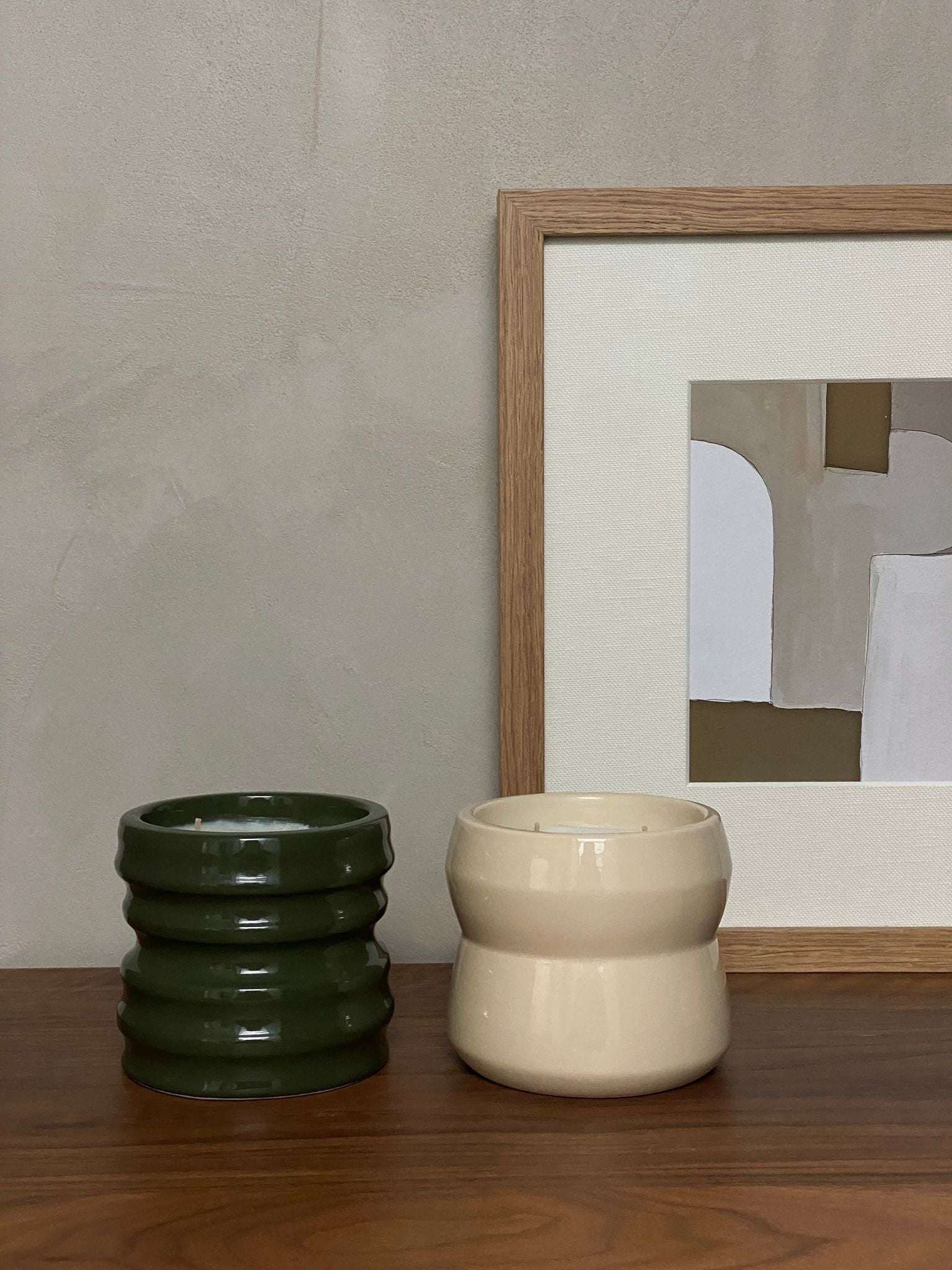 Scented candles from the Shapes Collection, featuring handcrafted ceramic holders by Royal Goedewaagen, in collaboration with L'AIMÉ and Edith Beurskens.