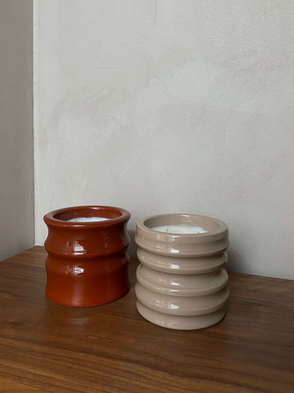 Scented candles with Shape 01 design in ceramic holders, part of Royal Goedewaagen x L'AIMÉ x Edith Beurskens collaboration.