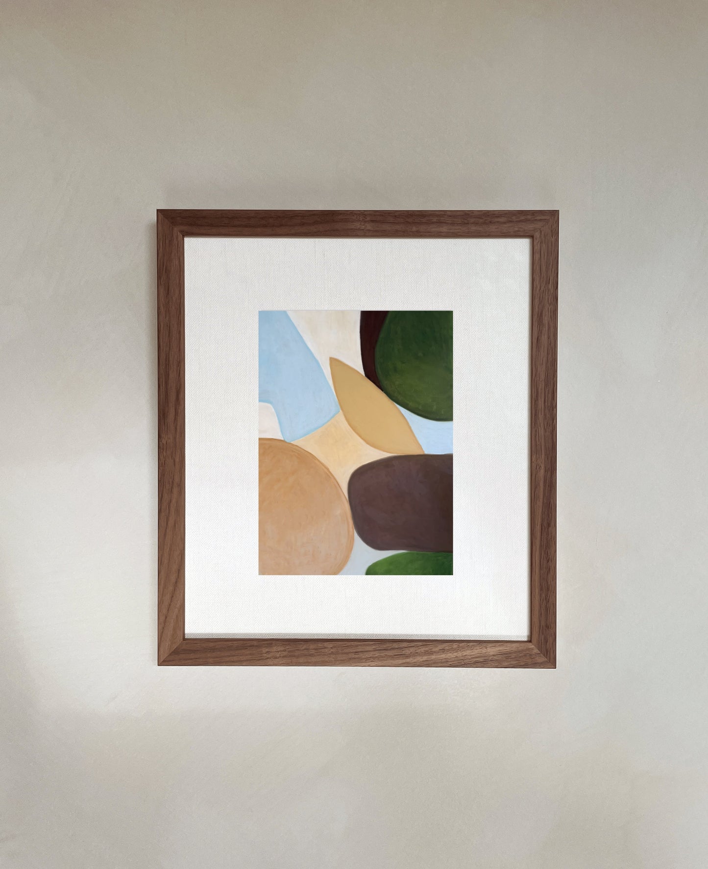 Art print "Carlie" with abstract design, printed on premium Hahnemühle paper, displaying vibrant colors, measuring 21 x 30 cm, shown in a wooden frame (frame not included).