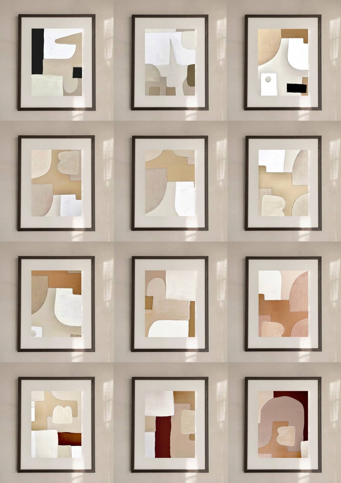 Grid of modern abstract art prints with varied geometric shapes and neutral colors on a beige background.
