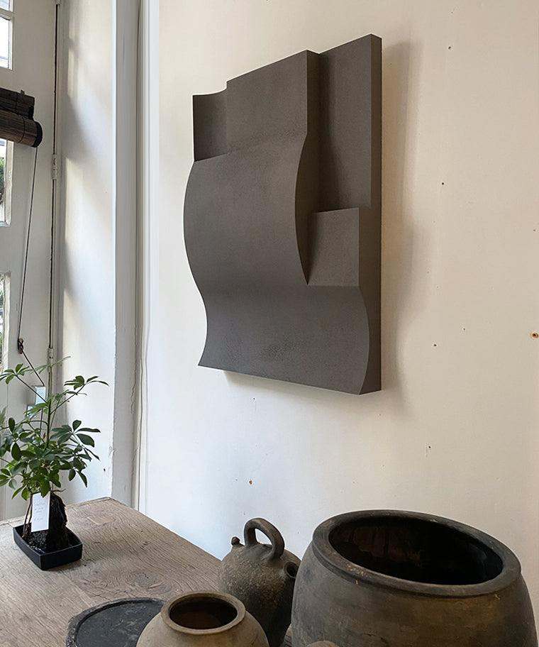 Modern art wall sculpture made from biodegradable PLA with sand texture and eco-paint, handcrafted and customizable.