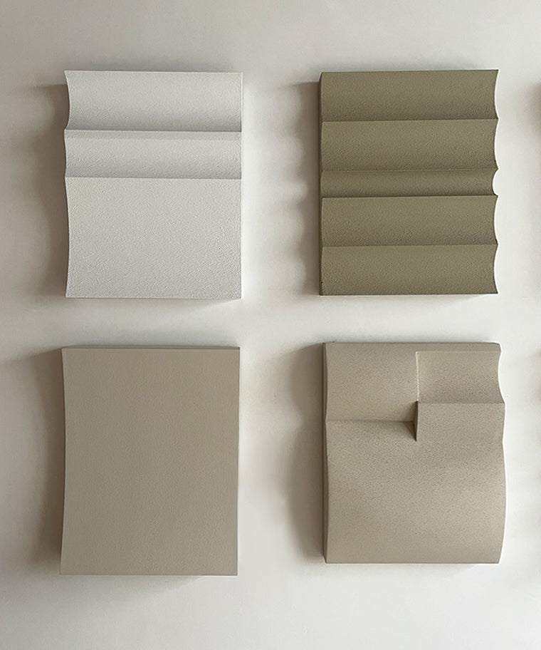 Handmade 3D art panels with sand texture and eco-paint, featuring four unique designs in neutral tones. Made of biodegradable PLA material.