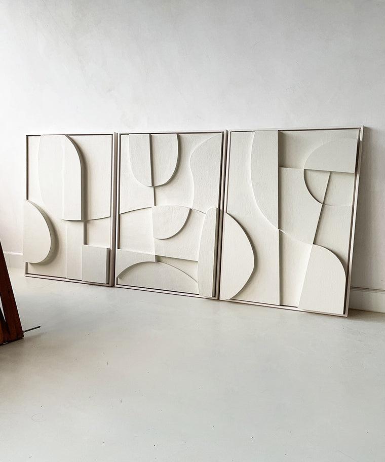Hand-made abstract art trio with sand texture and eco-paint finish.