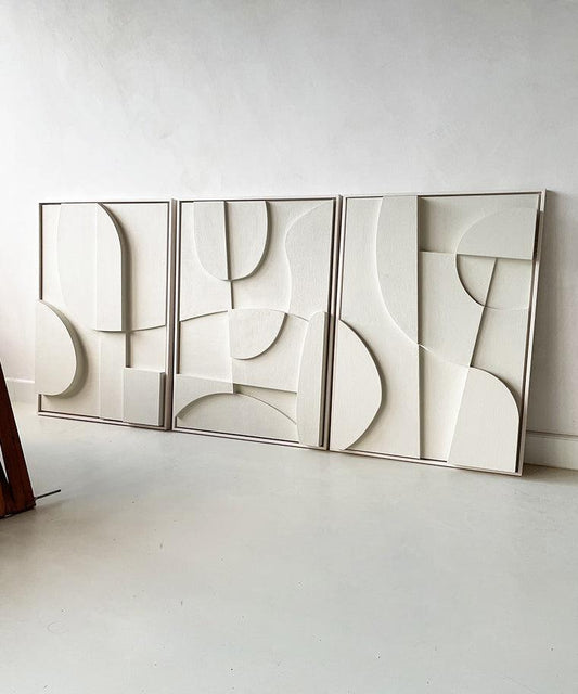 Hand-made abstract art trio with sand texture and eco-paint finish.