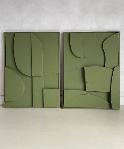 Handmade Duo #2.1 Blanche + #2 Archi art pieces in green with sand texture, crafted from biodegradable PLA.