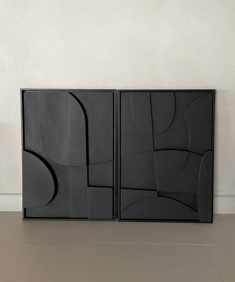 Contemporary black abstract wall art duo with geometric patterns, eco-friendly and handmade.