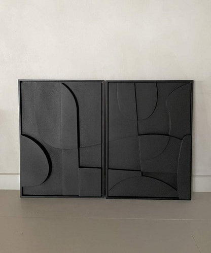 Contemporary black abstract wall art duo with geometric patterns, eco-friendly and handmade.