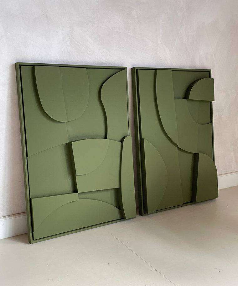 Modern green abstract wall art, DUO 2 Archi, featuring hand-made, customizable, eco-friendly PLA material with certificate of authenticity.