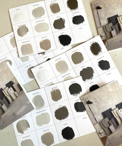 Color swatches card displaying various shades on A6 folded paper.