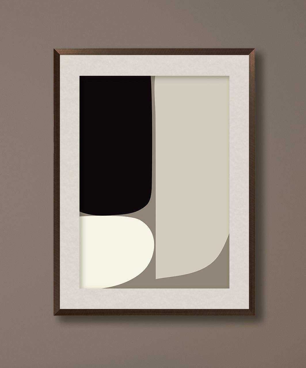 Art print titled 'Ingrid' with abstract design, printed on premium Hahnemühle paper, displayed in a brown frame.