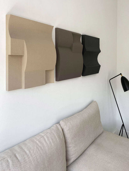 Modern art shapes wall pieces in Dark Fog, Attic, and Anthracite, hand-made from eco-friendly PLA.