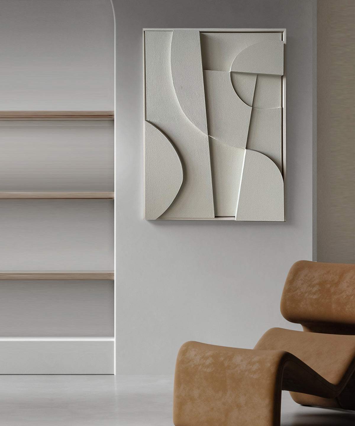 Abstract canvas print with geometric shapes in a modern interior.