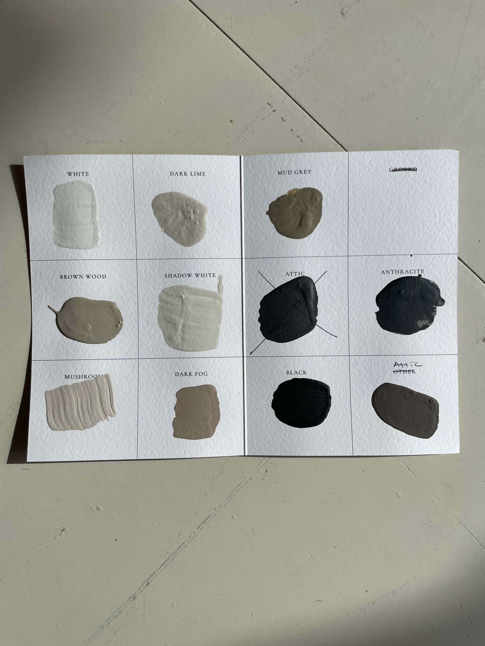 Color swatches for custom art piece in various RAL and NCS shades.