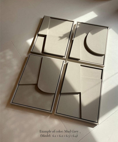 Hand-made quartet art pieces in mud grey with sand texture and eco-paint finish.