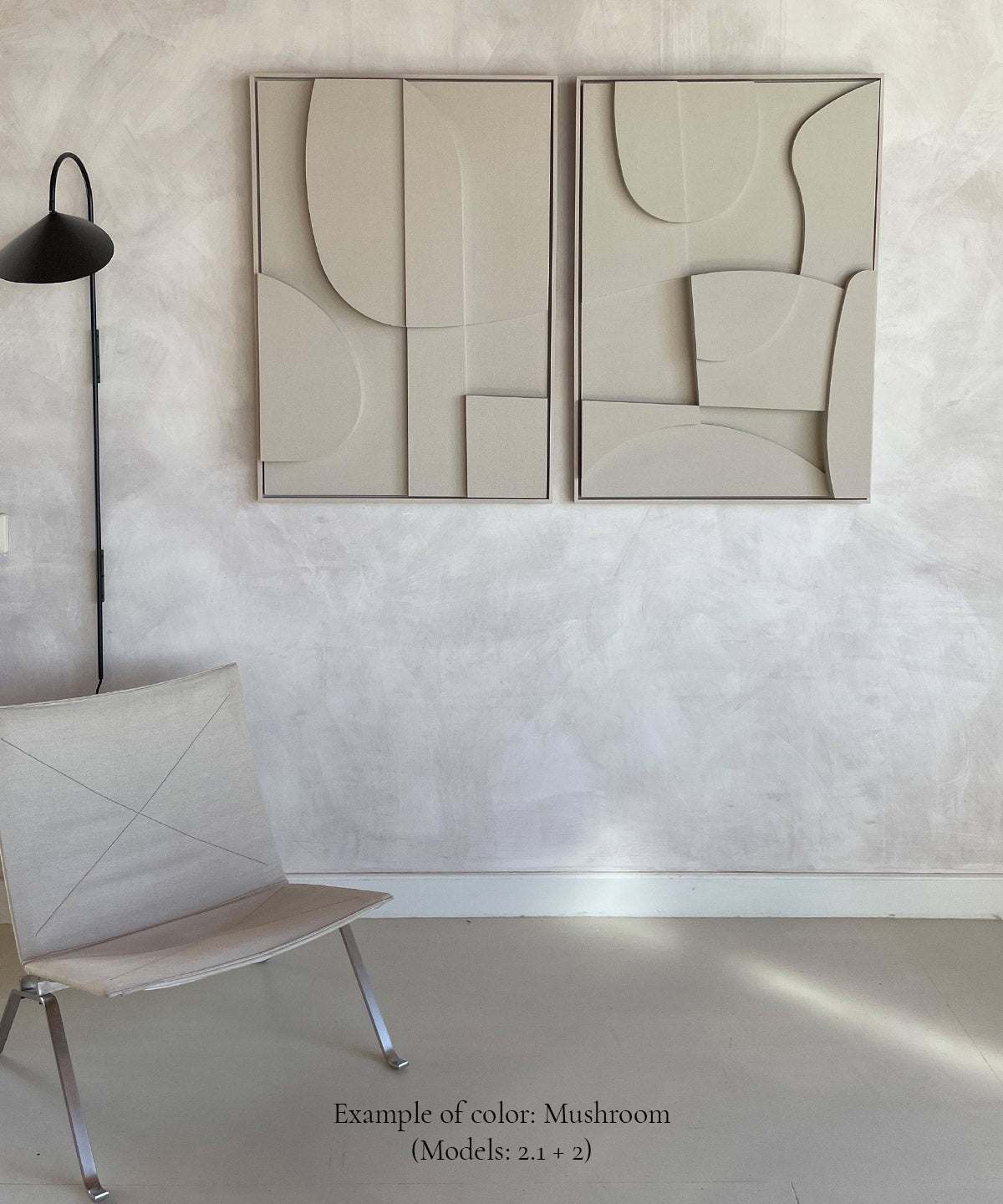 Hand-made art pieces titled "#2.1 Blanche" displayed on a wall, featuring a sand-textured finish and eco-paint in mushroom color.