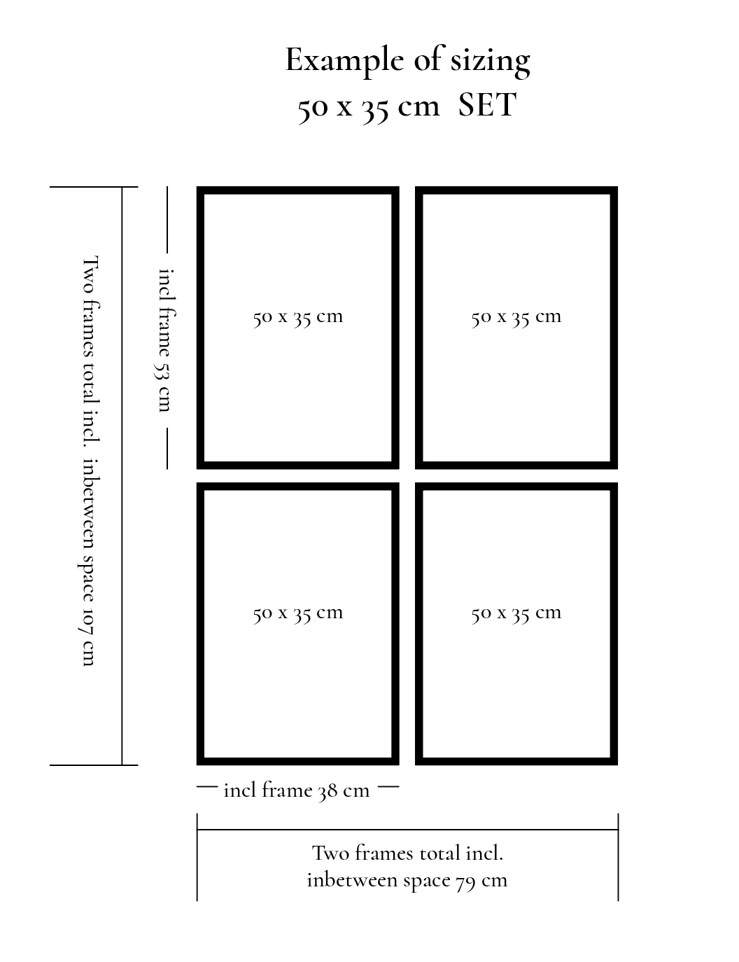 Sizing diagram for Quartet art set, 50x35 cm dimensions, includes total frame measurements.