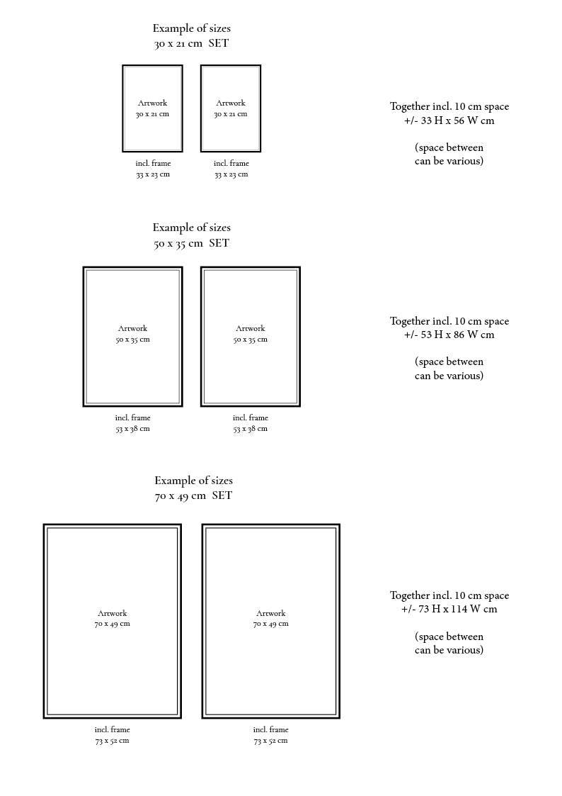 Sizes of DUO #2.1 Blanche + #2 Archi art set in various frame dimensions with spacer details.