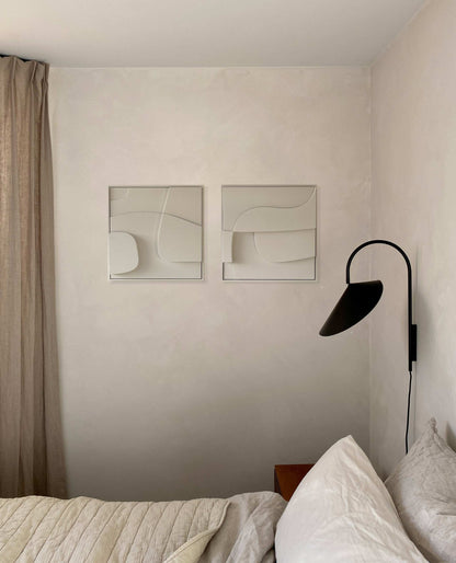 Handmade duo wall art with abstract design, beige tones, eco-friendly materials.