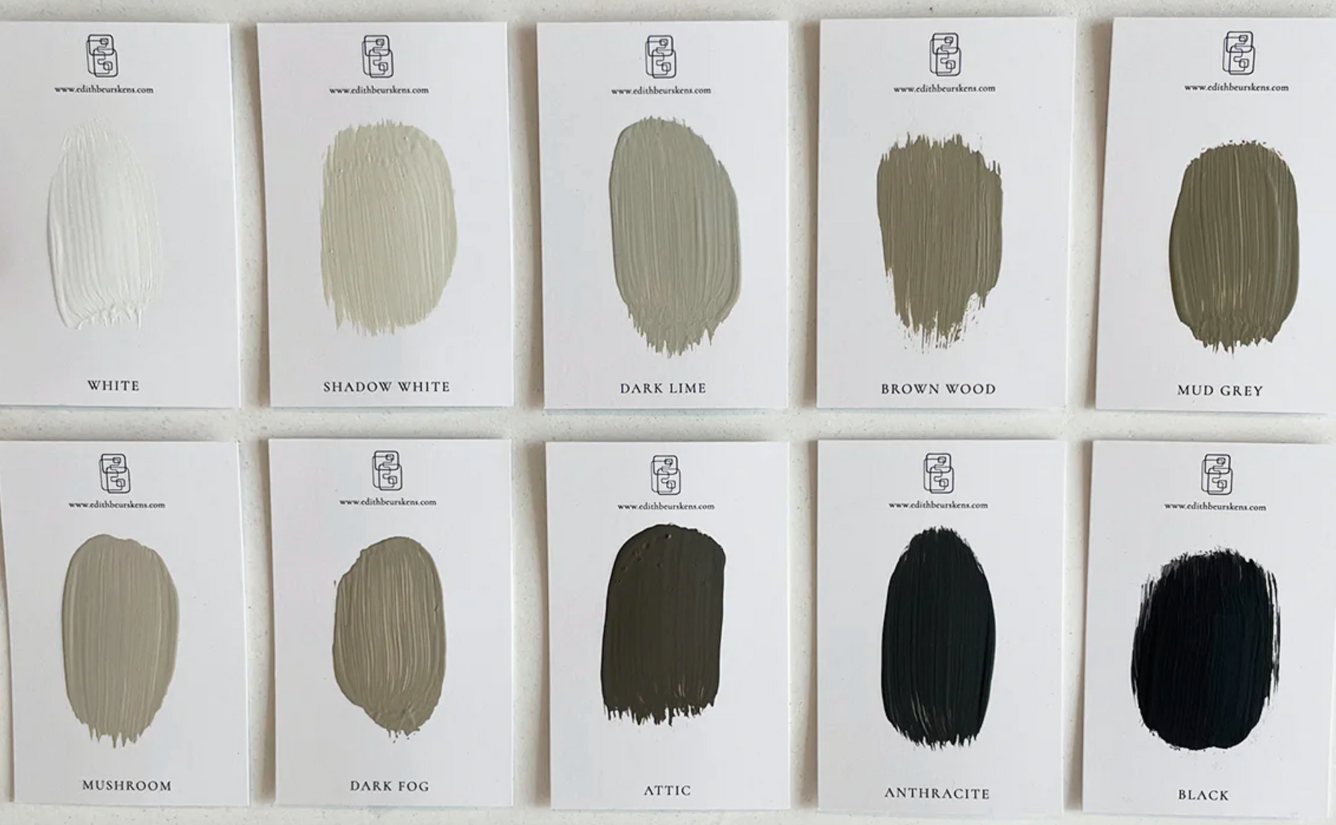 Color swatches for 23.2 Deda handmade products showing various shades including white, shadow white, dark lime, brown wood, mud grey, mushroom, dark fog, attic, anthracite, and black.