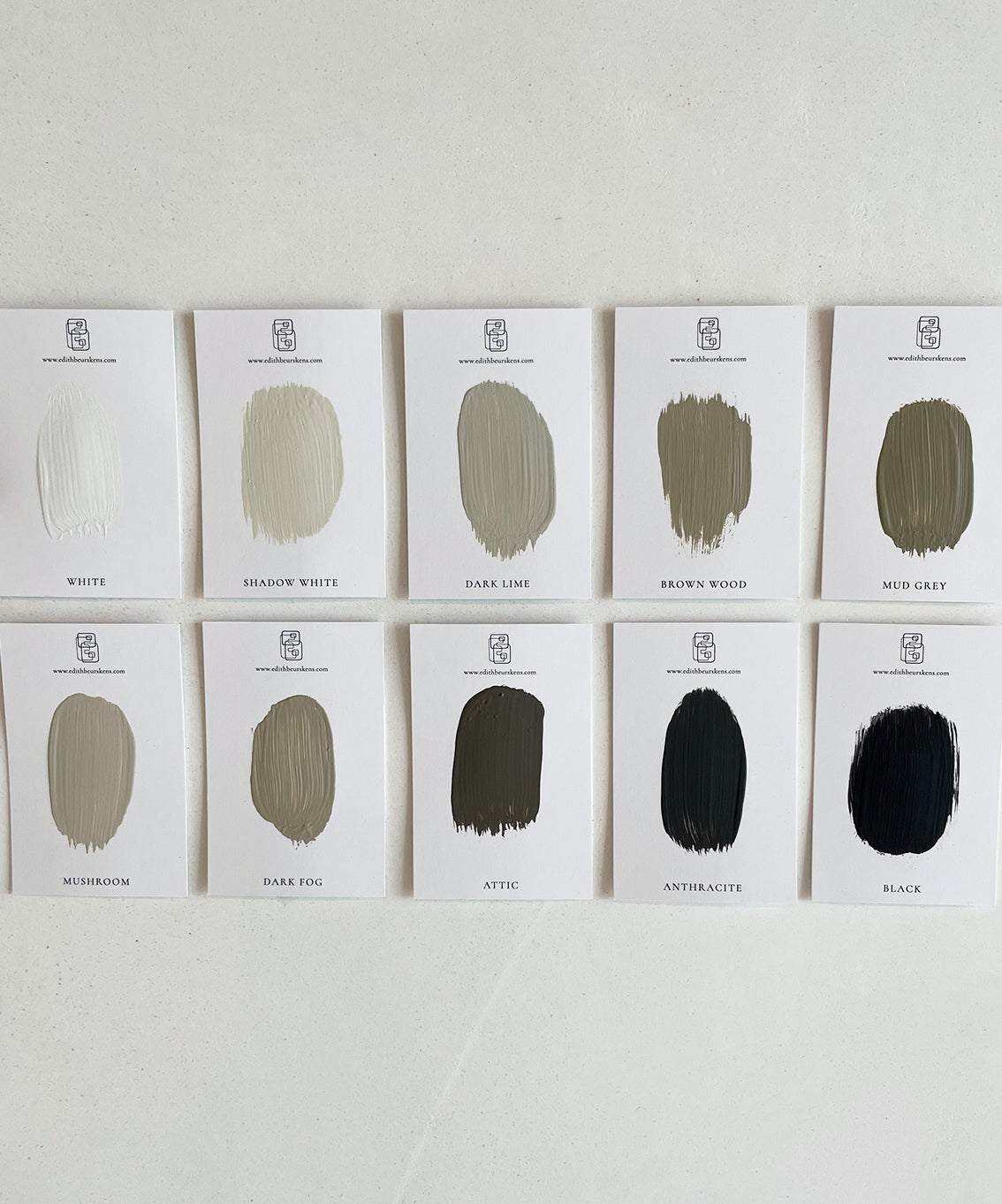 Color swatches for personalized modern art in various shades including white, dark lime, brown wood, and anthracite.