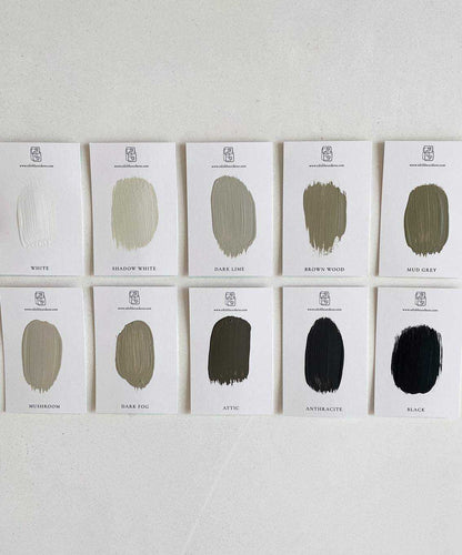 Color swatches showcasing modern art shapes in various shades including dark fog, attic, and anthracite.