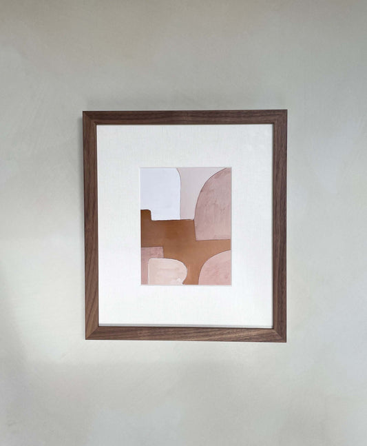 Modern abstract art print titled 'Rosie' in wooden frame, features warm earth tones on premium Hahnemühle paper.